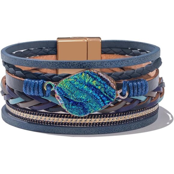 ✨ Fancy Shiny Leather Bangle Bracelets Women Blue Boho Resin Stone Wrap Jewelry - Picture 1 of 7